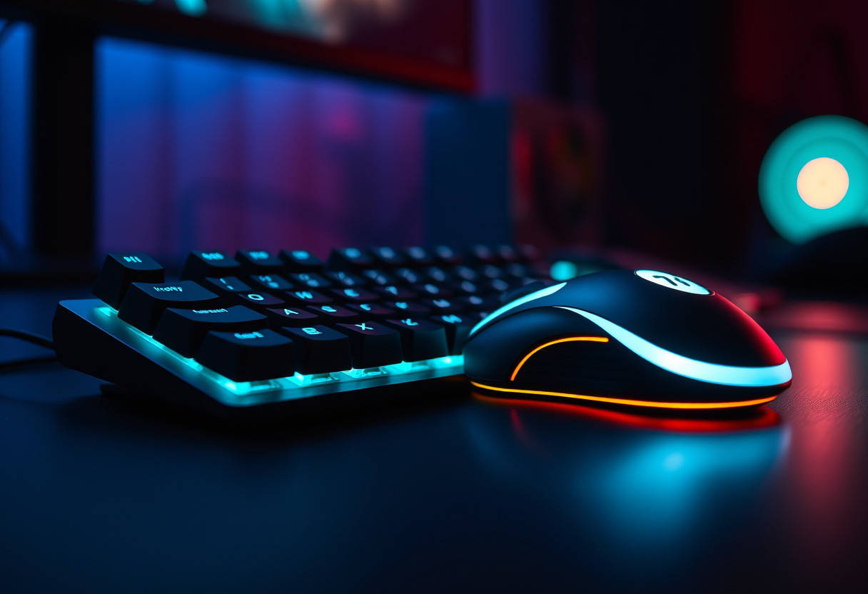 Mekaniskt gamingtangentbord och mus med mjuk RGB-belysning på ett mörkt skrivbord, redo för CS2